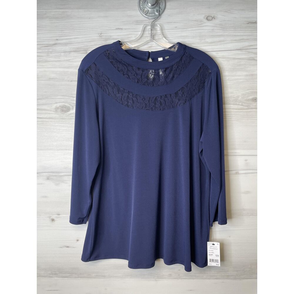 NY Collection Top Womens Large Lace Yoke 3/4 Sleeve Knit Pullover Shirt‎